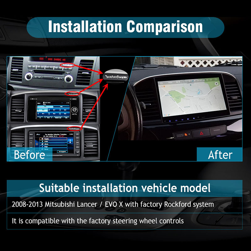 I-SYGAV yemoto ye-Android yerediyo ye-stereo ka-2008-2013 iMitsubishi Lancer EVO X Ralliart ene-OEM Rockford Fosgate System 10.1_ HD yokuchukumisa isikrini se-GPS navigation ngaphandle kwamacingo CarPlay WiFi Bluetooth 5.0-1